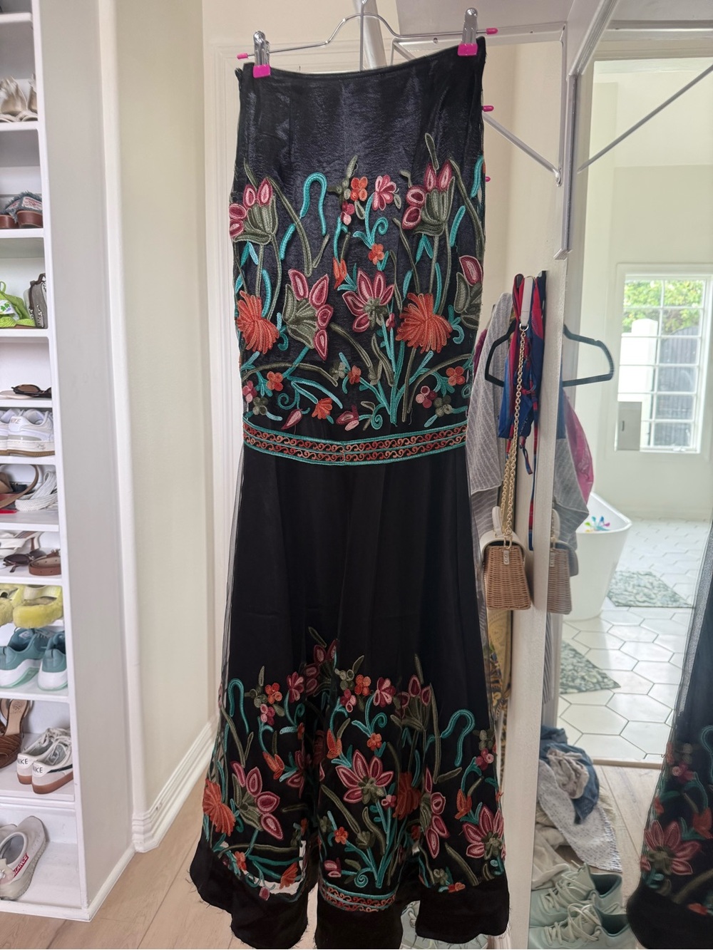 Embroidered Black Maxi dress with Teal & Coral Floral Detail